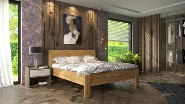 Solidne drewniane łóżko z pełnym zagłówkiem