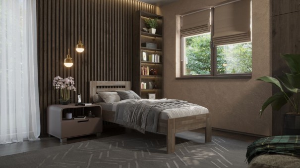 Łóżko z litego buku lub dębu, sprawiające wrażenie lekkiego