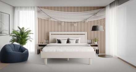 Łóżko Matera przyciąga uwagę swoim kształtem i prostym, nowoczesnym designem.